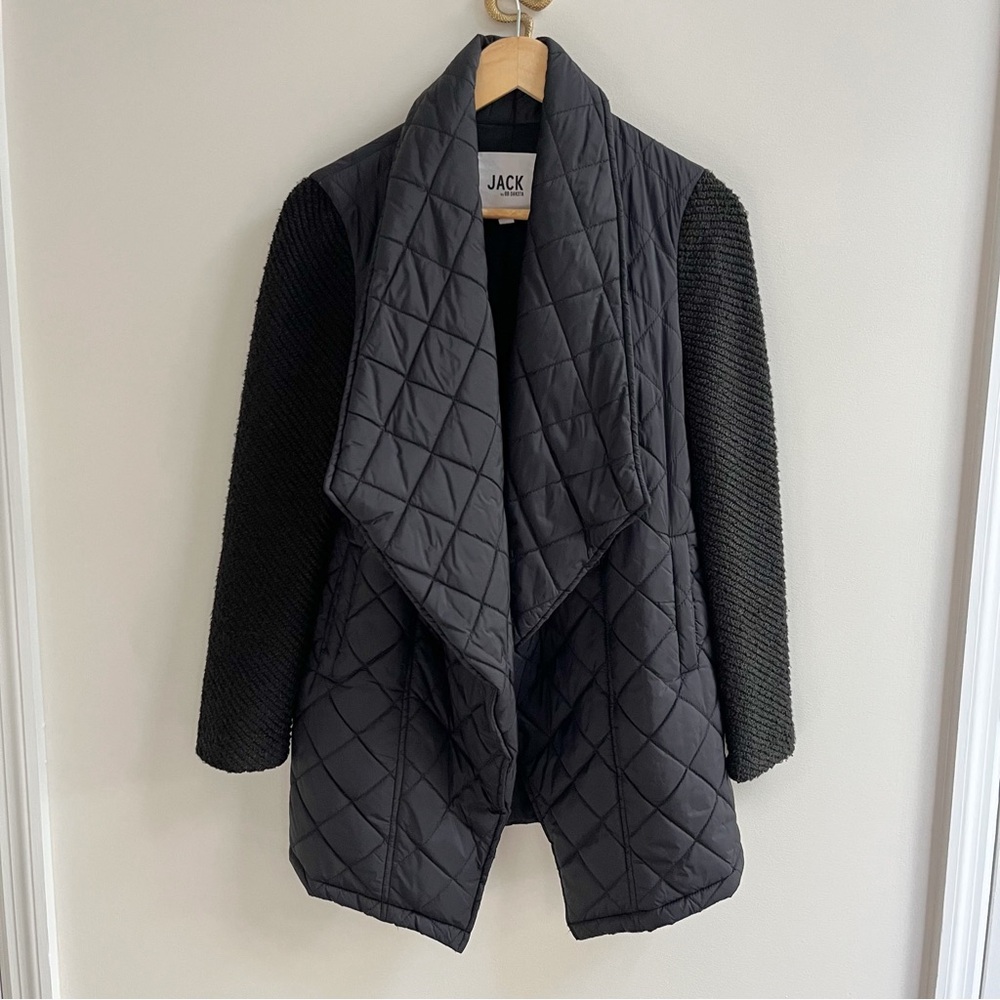 Jack By BB Dakota Draped Quilted Open Puffer Jacket w/ Knit Sleeves Black XS